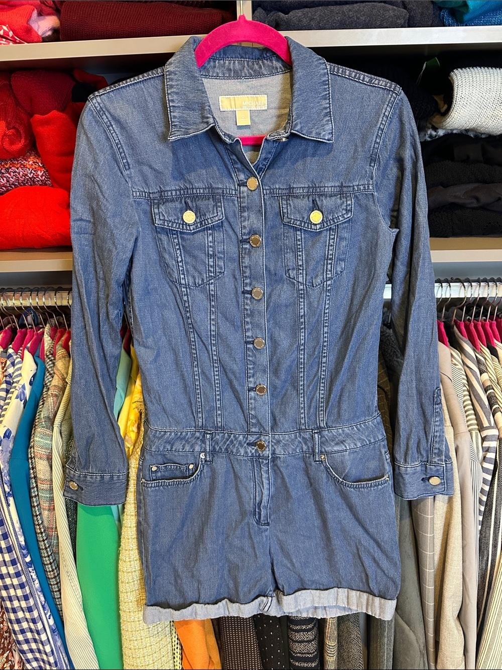 Michael Kors blue temple blend long sleeve 6 pocket button front romper size 0